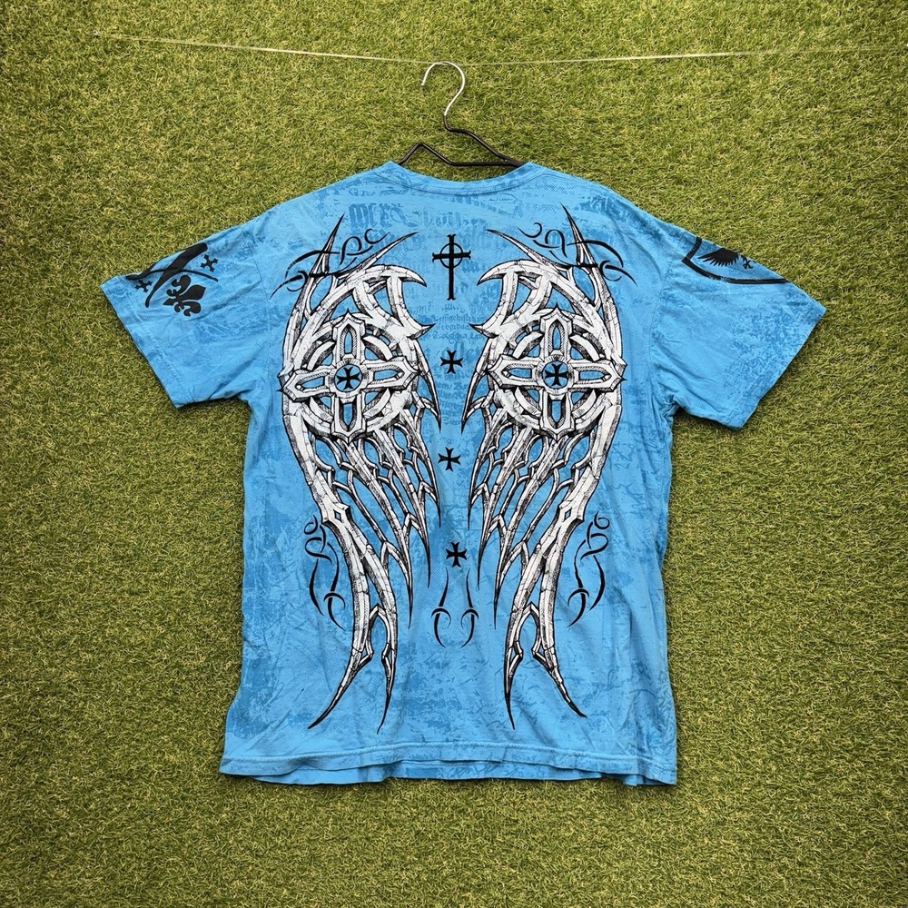 Raw State y2k Shirt Mens Large Blue Graphic Cross Gothic Spellout Tribal Wings